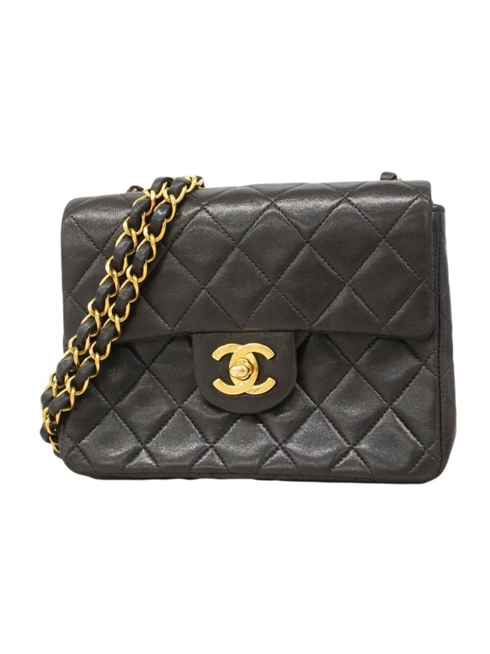 Chanel Shoulder Bag Mini Quilted Lambskin Black Gold